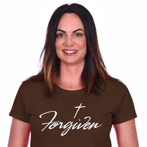 JH Design Women's Religious Christian Forgiven Brown T-Shirt